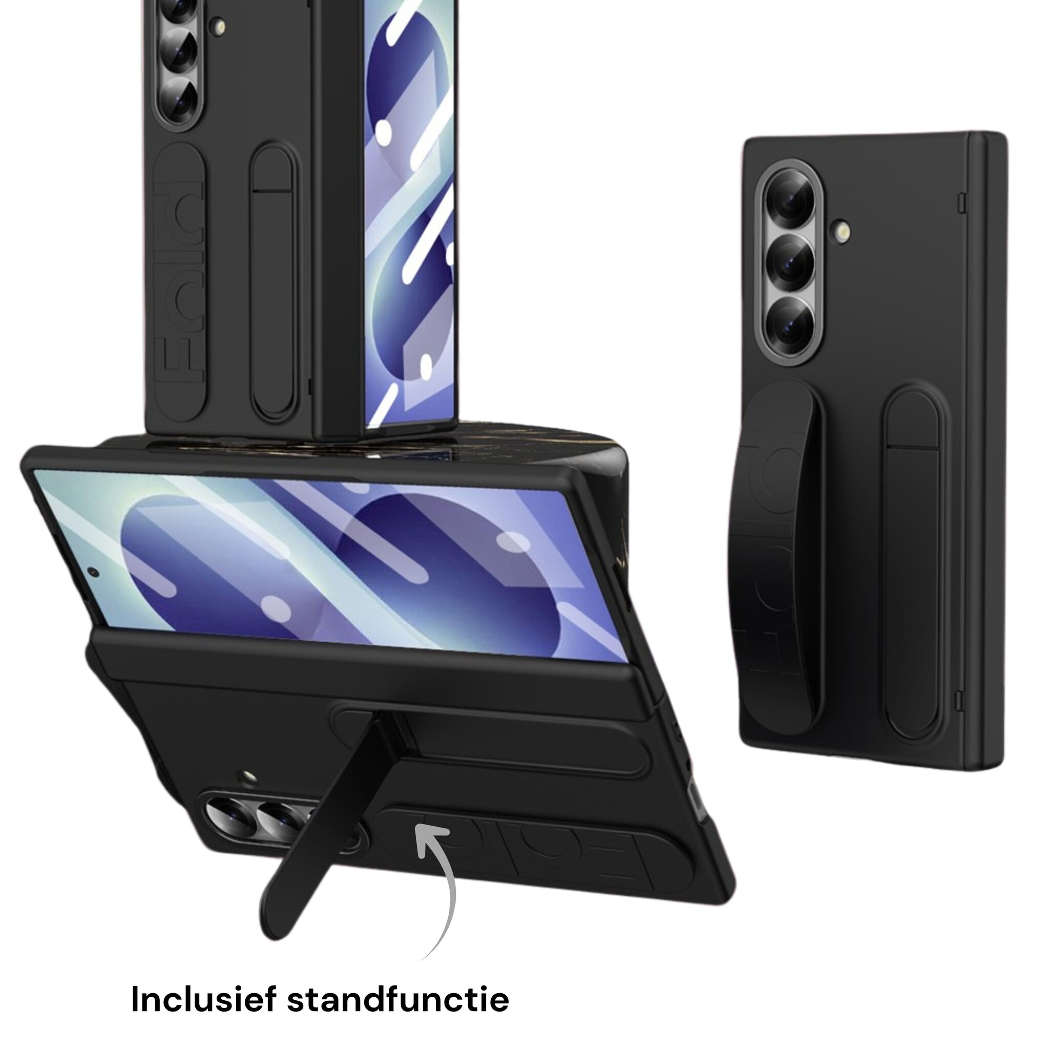 Samsung Galaxy Z Fold 8 Ultra Backcover hoes met Kickstand, Grip Ring en Comfortabele Polsband - Zwart