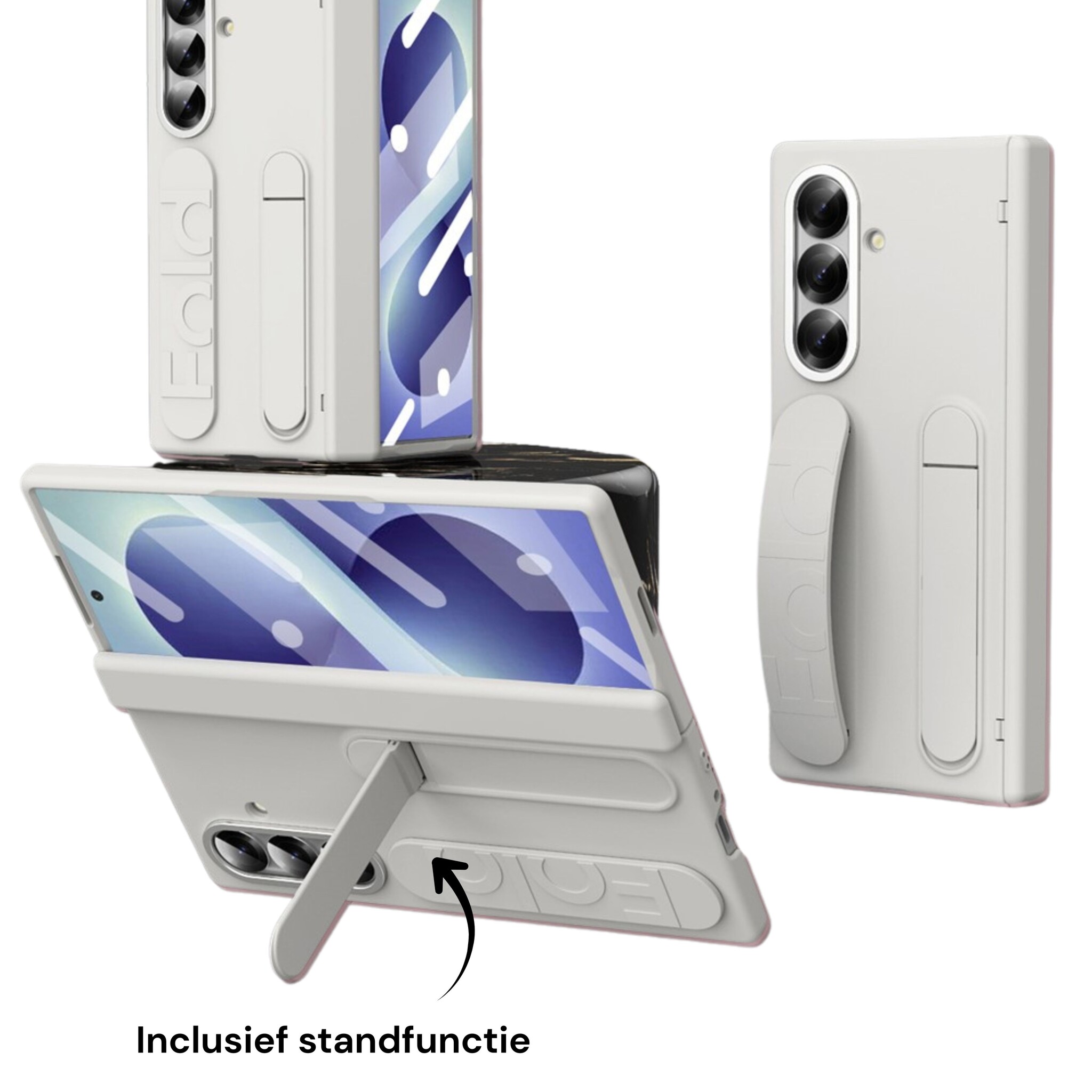 Samsung Galaxy Z Fold 8 Ultra Backcover hoes met Kickstand, Grip Ring en Comfortabele Polsband - Beige