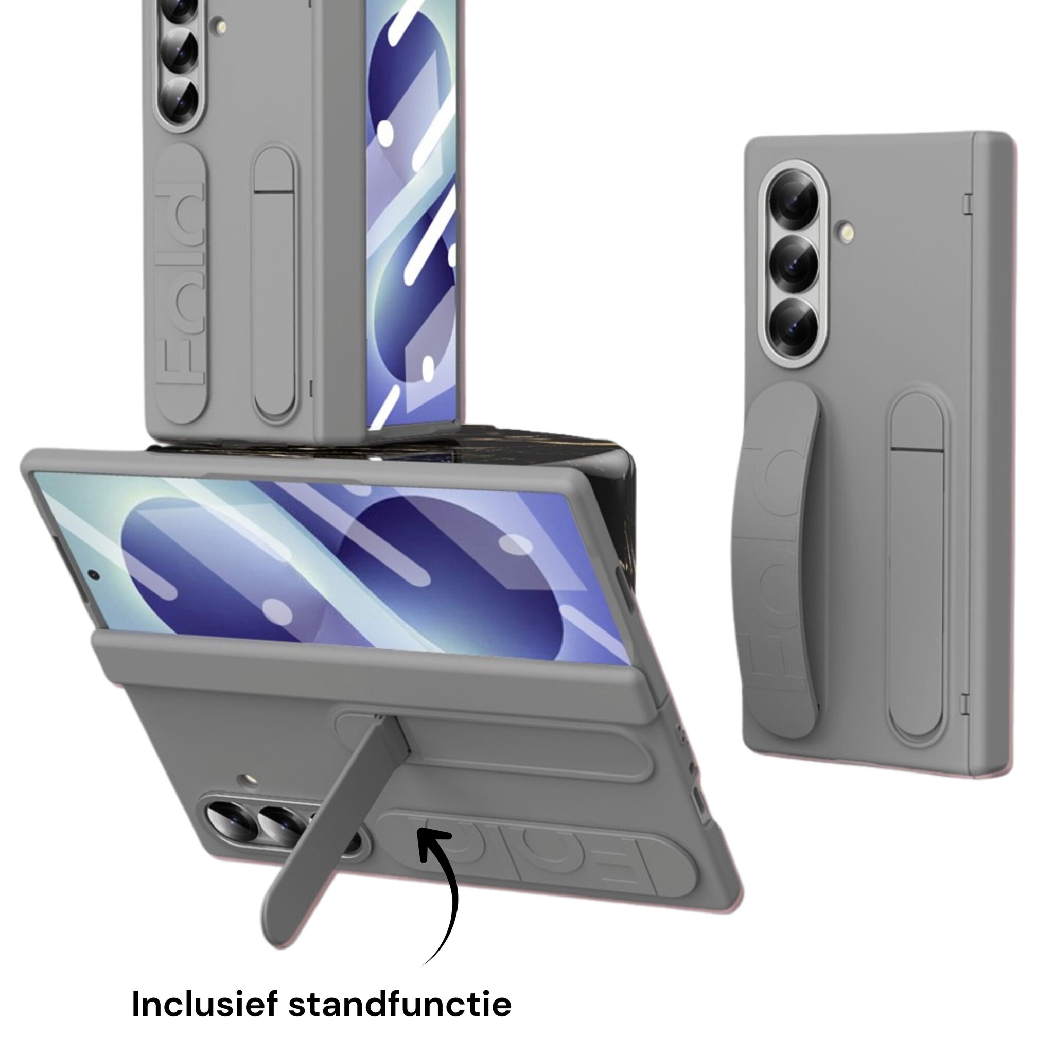 Samsung Galaxy Z Fold 8 Ultra Backcover hoes met Kickstand, Grip Ring en Comfortabele Polsband - Grijs