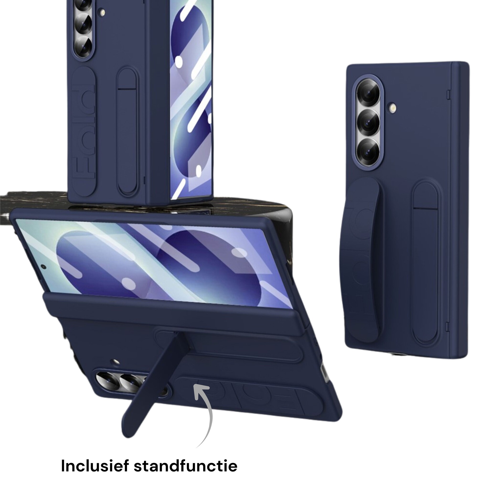 Samsung Galaxy Z Fold 8 Ultra Backcover hoes met Kickstand, Grip Ring en Comfortabele Polsband - Donkerblauw