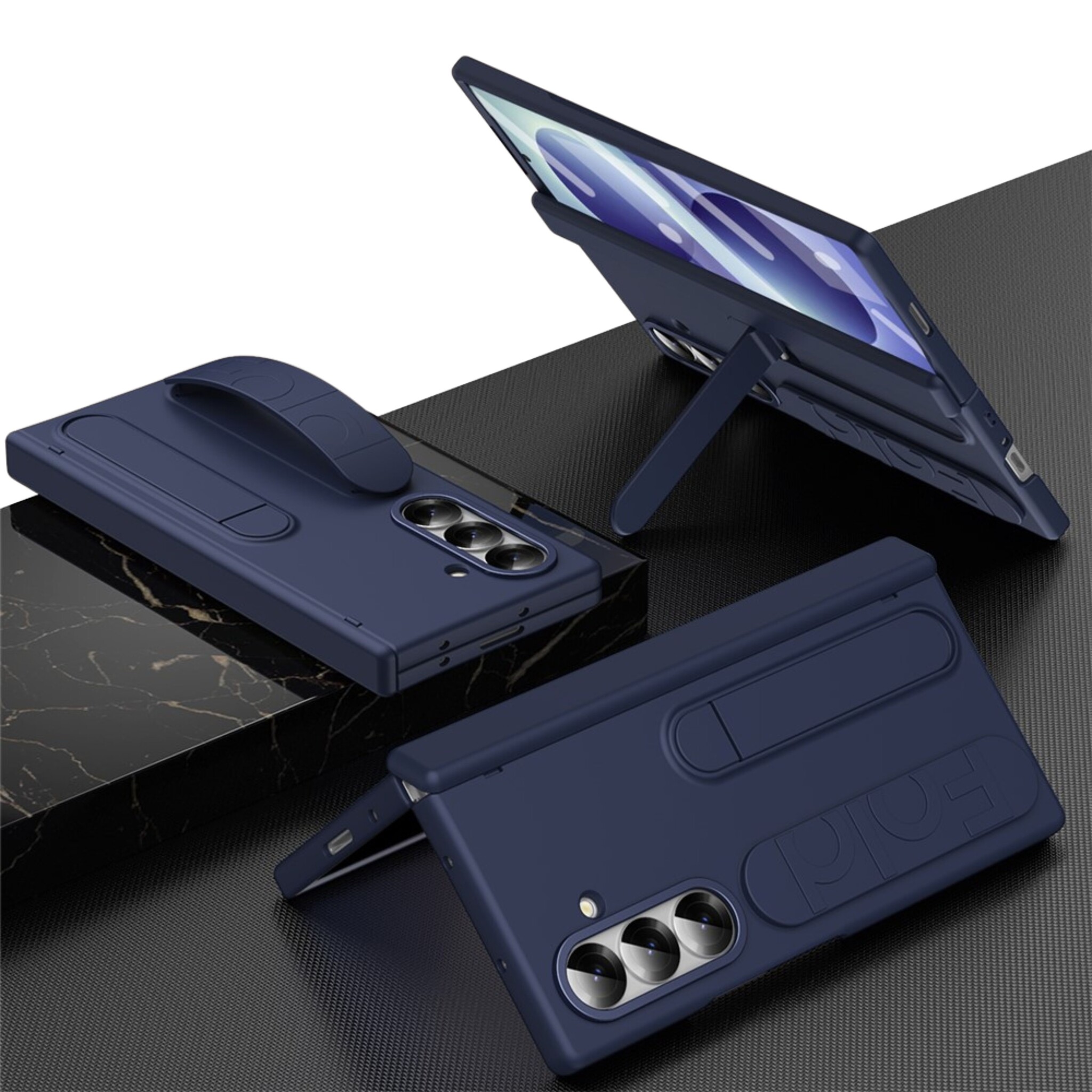 Samsung Galaxy Z Fold 8 Ultra Backcover hoes met Kickstand, Grip Ring en Comfortabele Polsband - Donkerblauw
