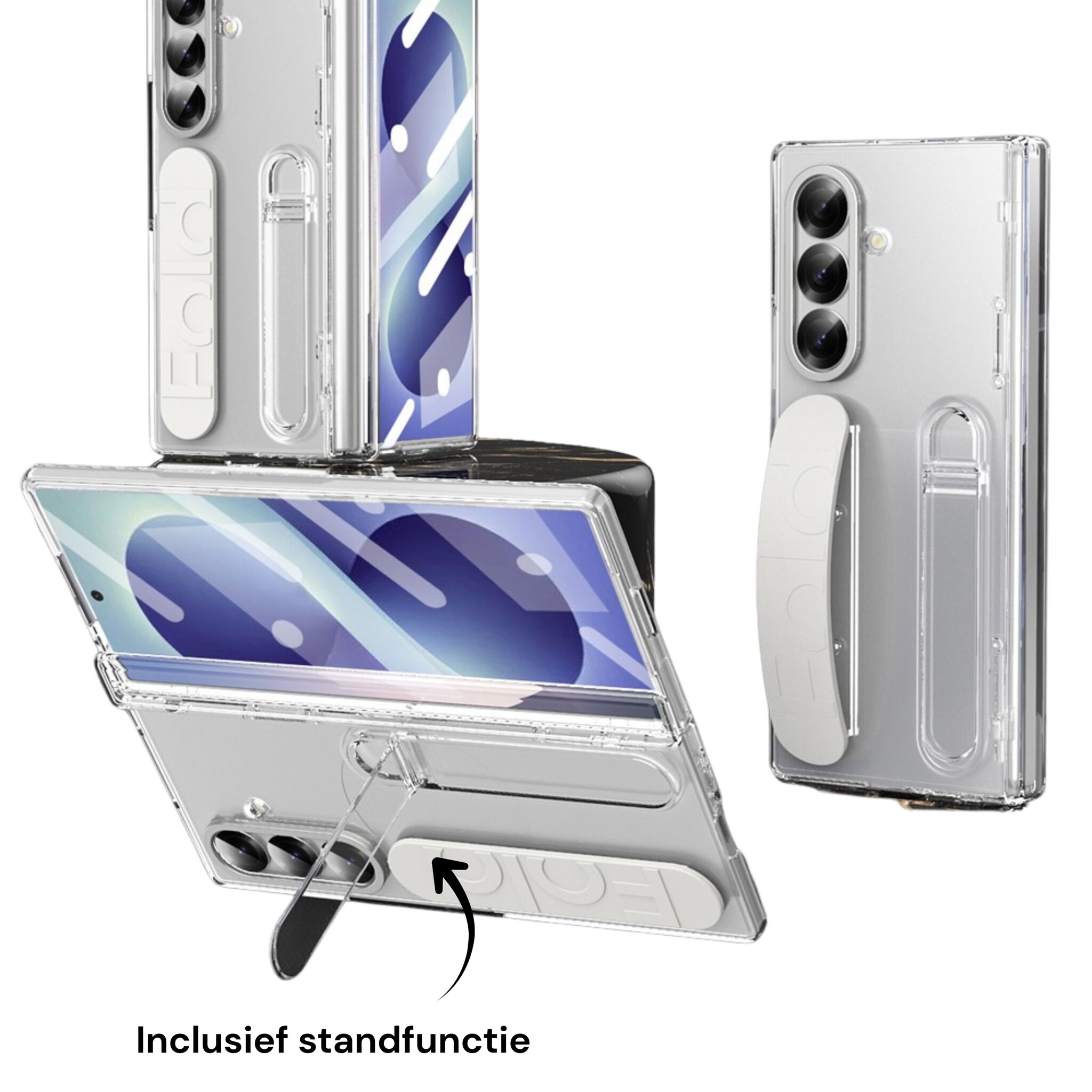 Samsung Galaxy Z Fold 8 Ultra Backcover hoes met Kickstand, Grip Ring en Comfortabele Polsband - Transparant