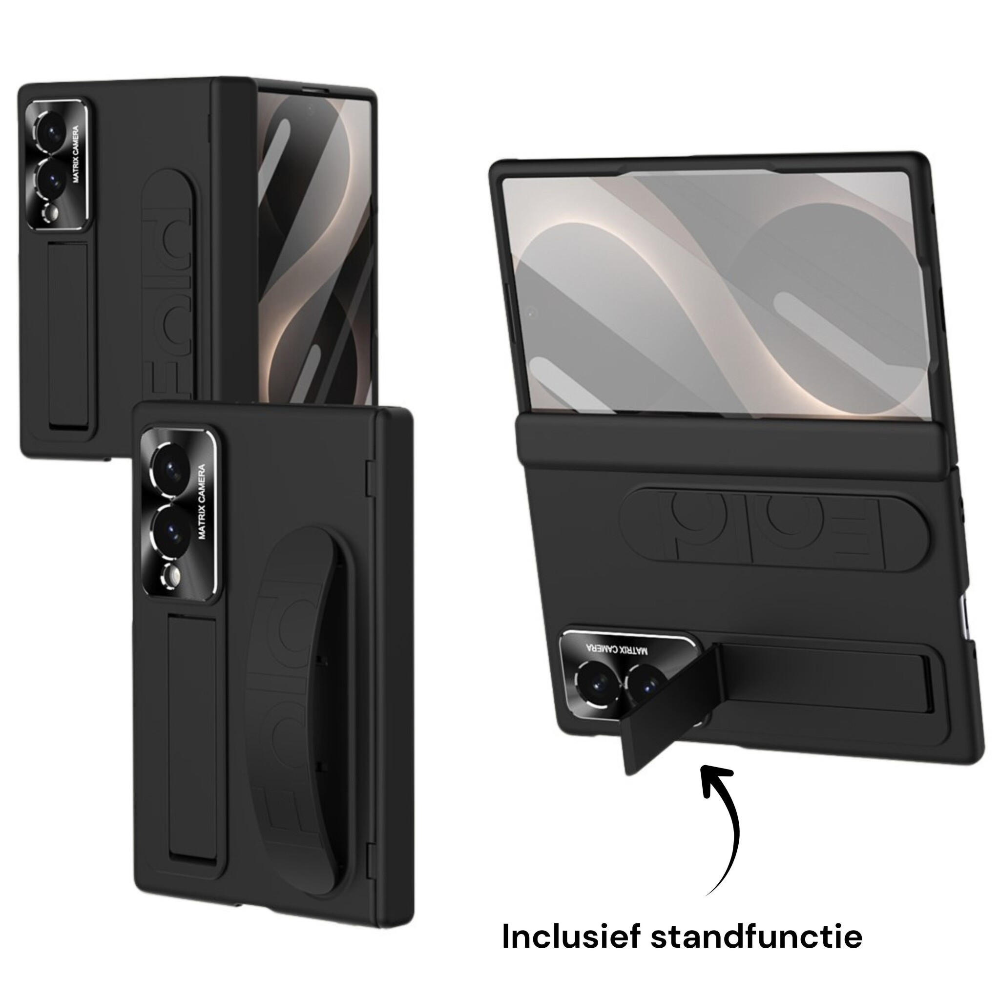 Samsung Galaxy Z Fold 8 Backcover hoes met Kickstand, Grip Ring en Comfortabele Polsband - Zwart