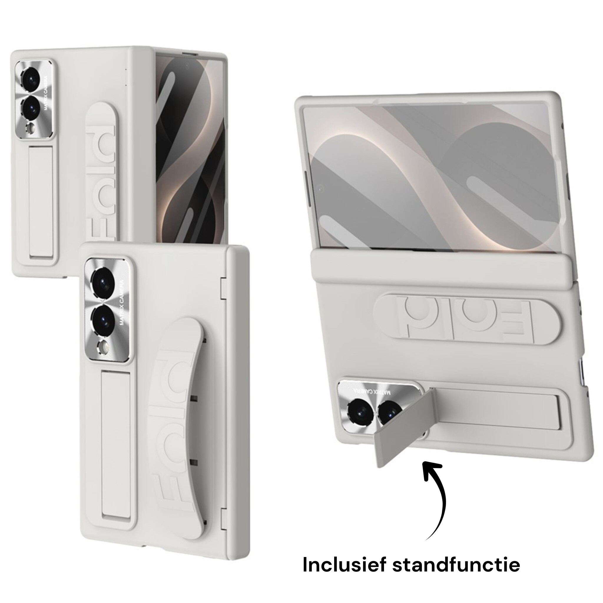 Samsung Galaxy Z Fold 8 Backcover hoes met Kickstand, Grip Ring en Comfortabele Polsband - Beige