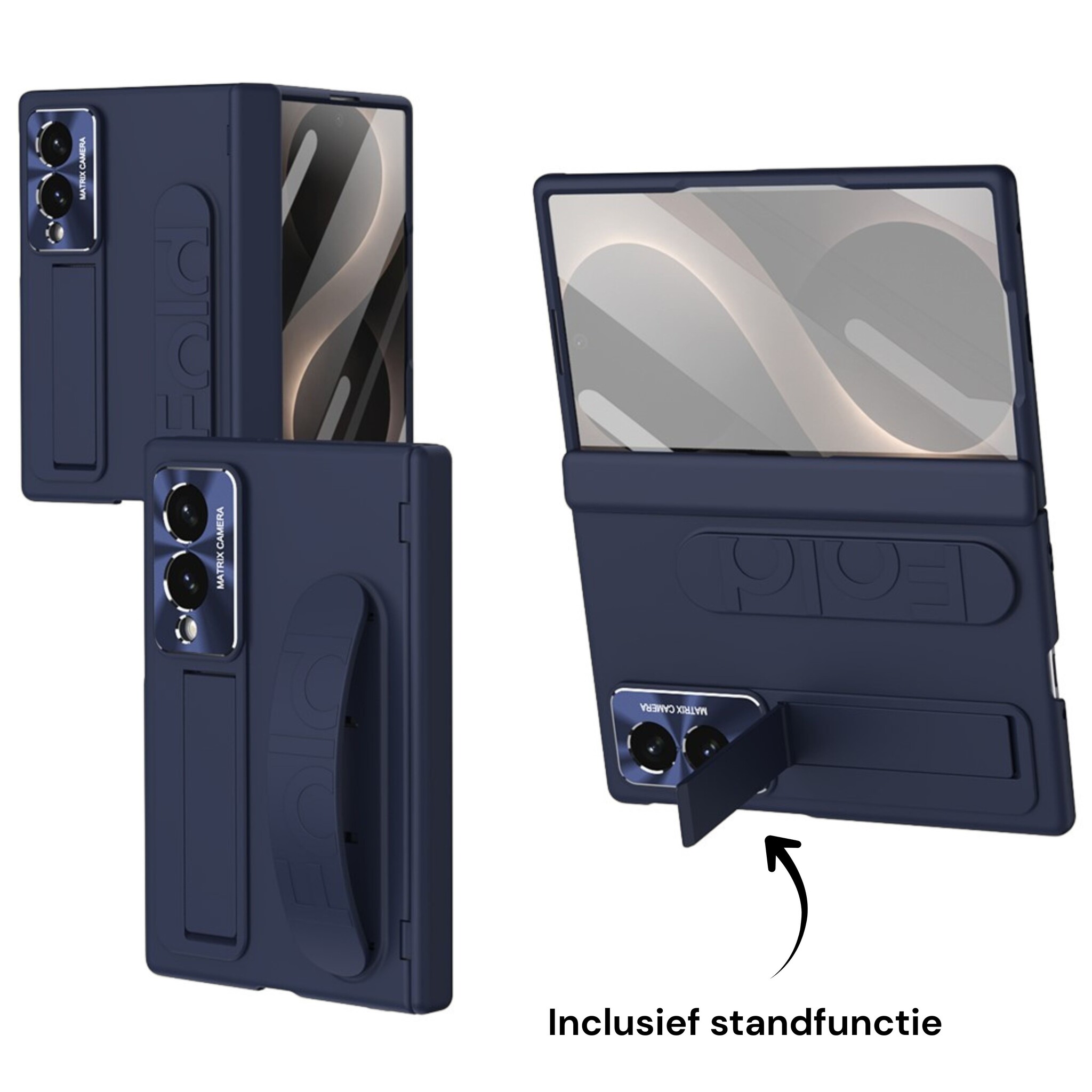 Samsung Galaxy Z Fold 8 Backcover hoes met Kickstand, Grip Ring en Comfortabele Polsband - Donkerblauw
