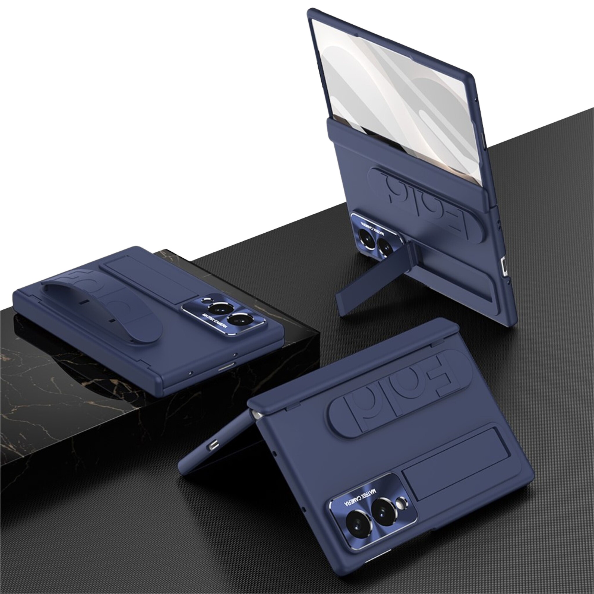 Samsung Galaxy Z Fold 8 Backcover hoes met Kickstand, Grip Ring en Comfortabele Polsband - Donkerblauw