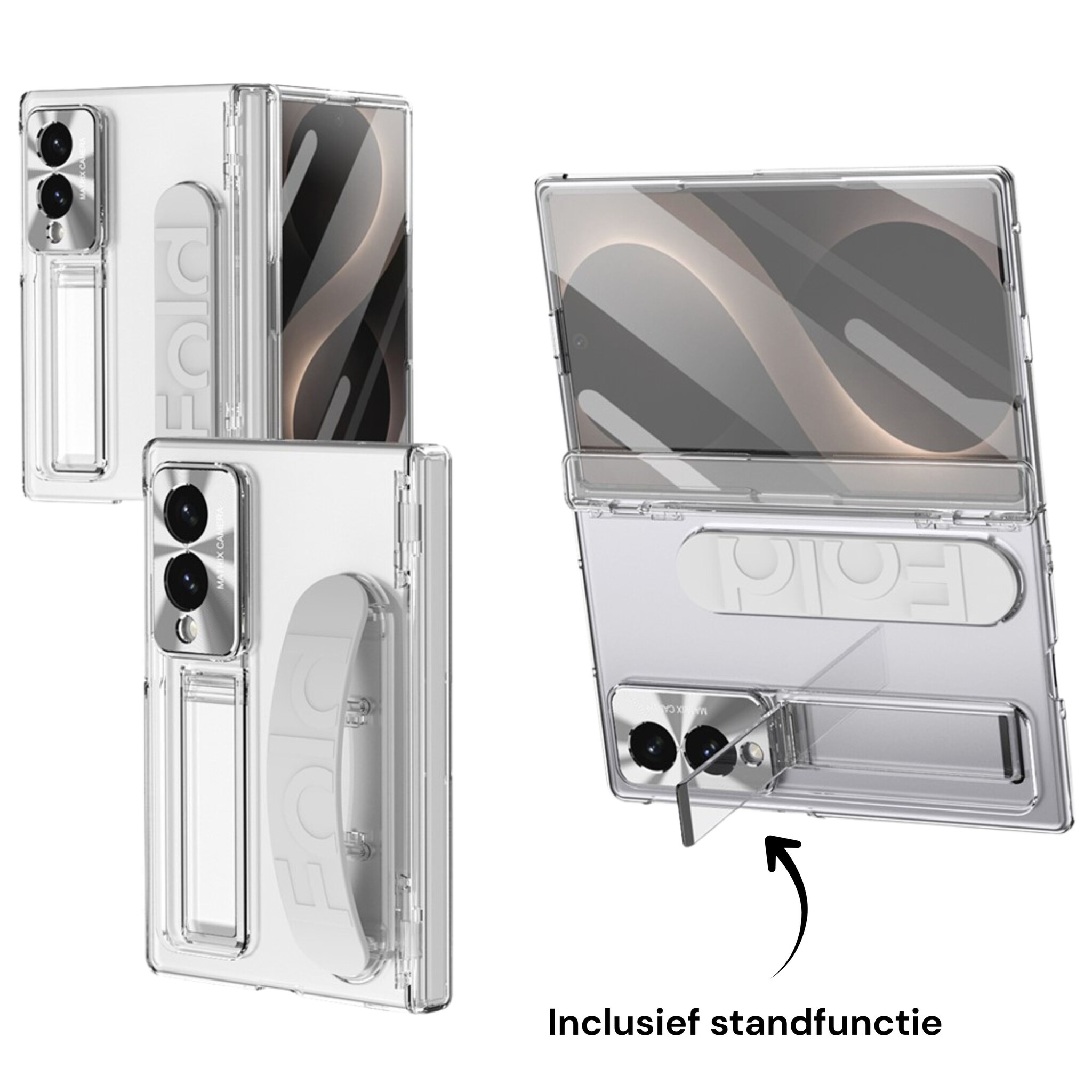 Samsung Galaxy Z Fold 8 Backcover hoes met Kickstand, Grip Ring en Comfortabele Polsband - Transparant