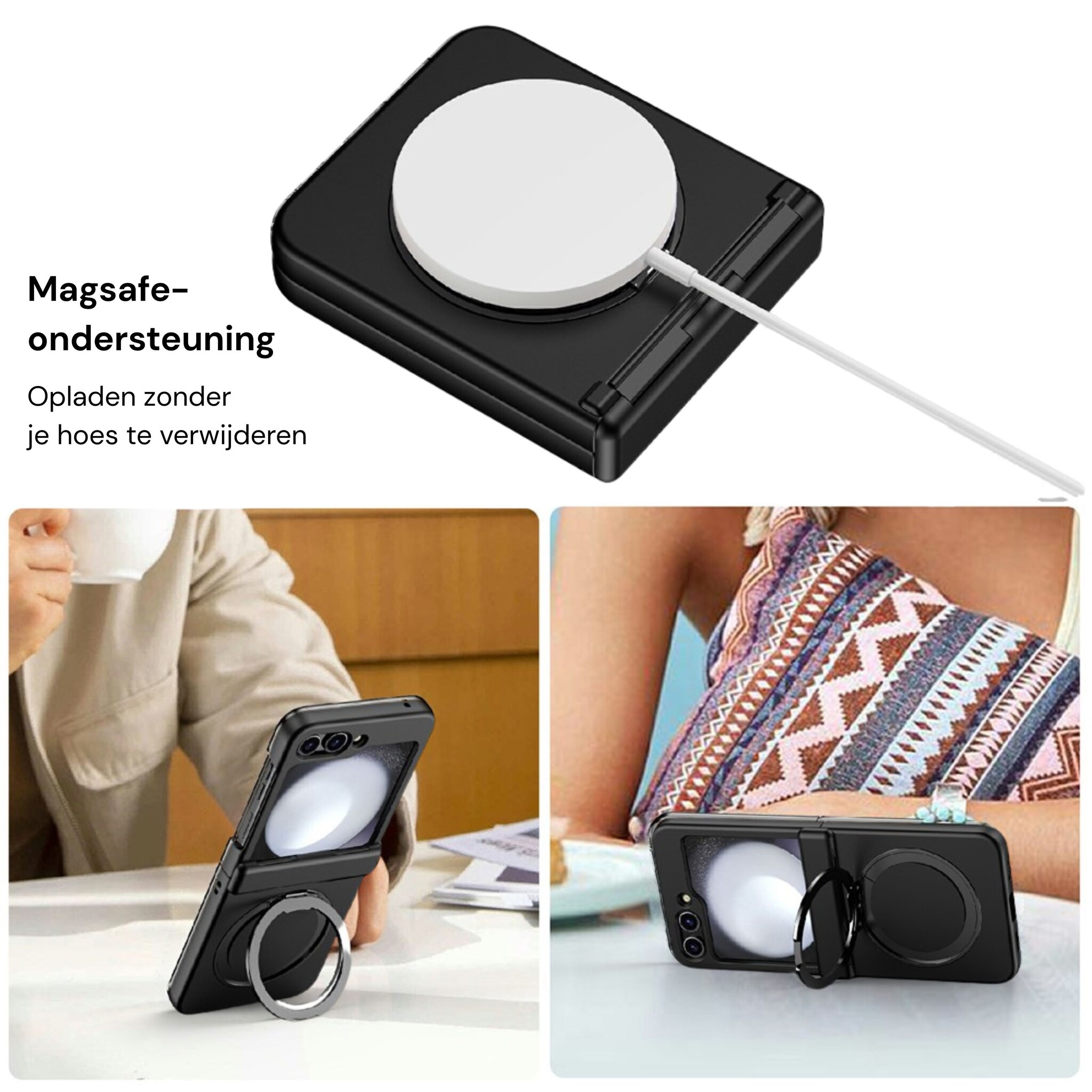 Samsung Galaxy Z Flip 8 hoesje backcover met MagSafe-ring en standfunctie - Zwart