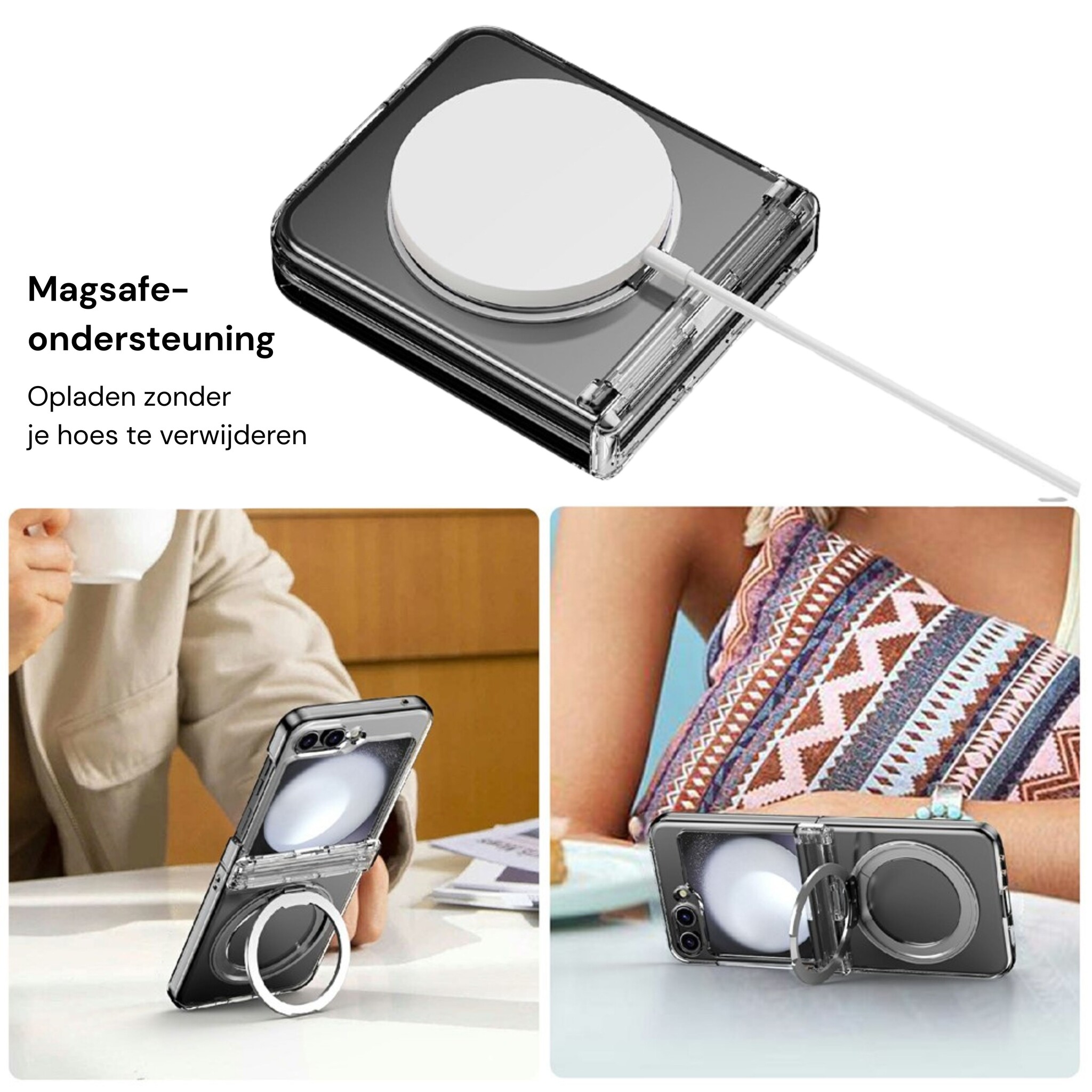 Samsung Galaxy Z Flip 8 hoesje backcover met MagSafe-ring en standfunctie - Transparant