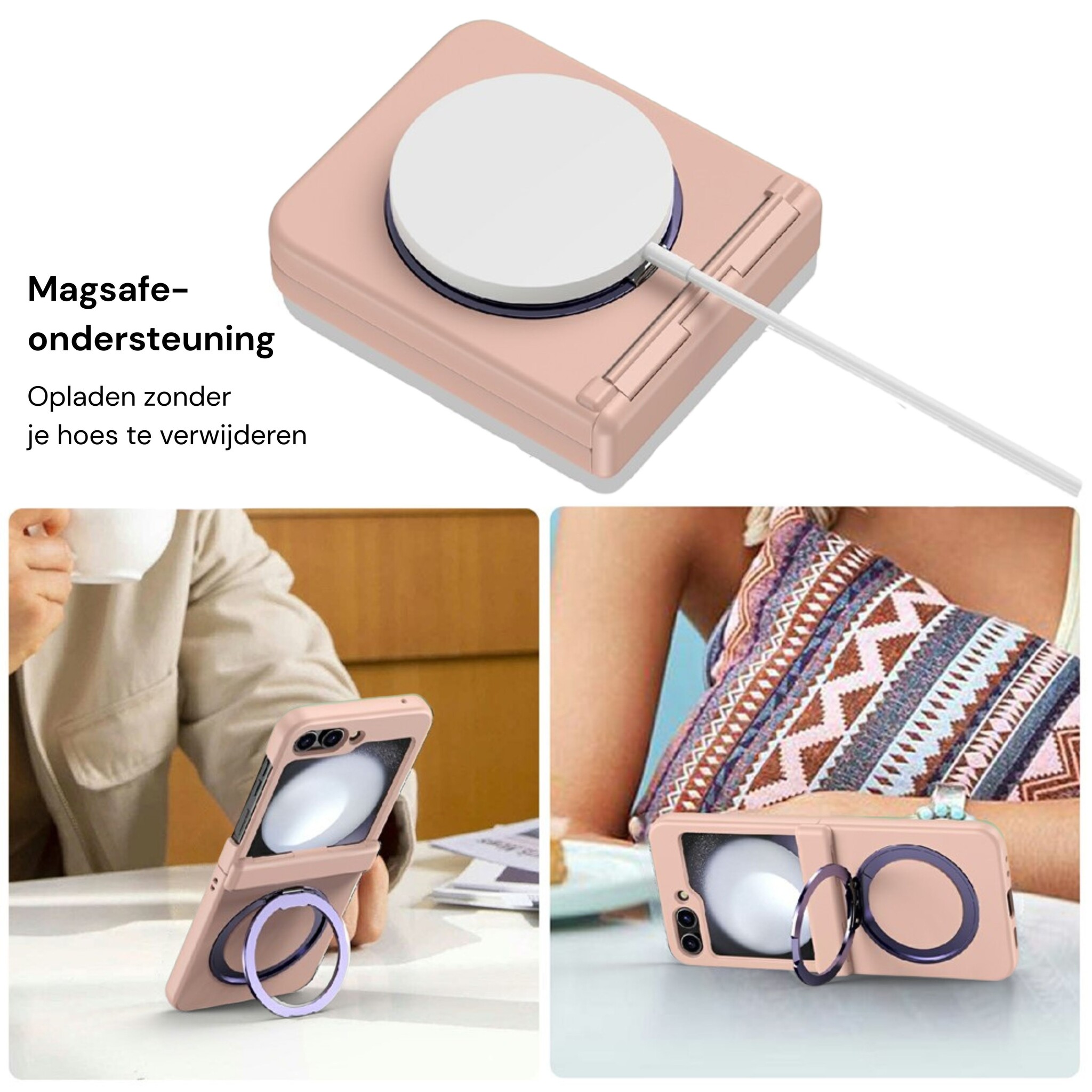Samsung Galaxy Z Flip 8 hoesje backcover met MagSafe-ring en standfunctie - Lichtroze