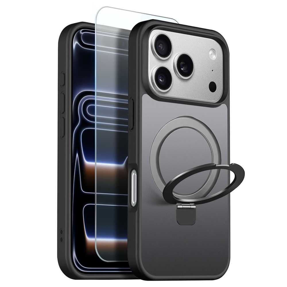 iPhone 18 Pro Max / 17 Pro Max hoesje magnetische ringstandaard, MagSafe-compatibel, mat transparant en schokbestendig – inclusief screenprotector – Mat Zwart