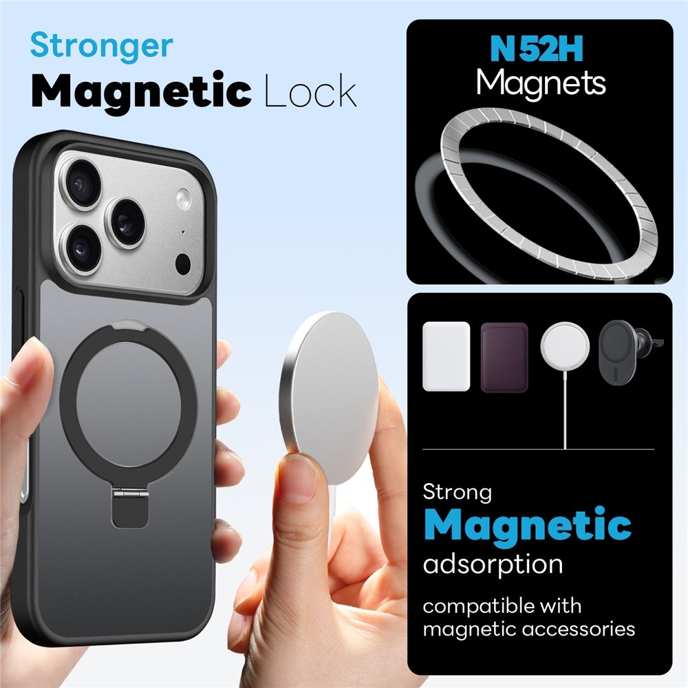 iPhone 18 Pro Max / 17 Pro Max hoesje magnetische ringstandaard, MagSafe-compatibel, mat transparant en schokbestendig – inclusief screenprotector – Mat Zwart