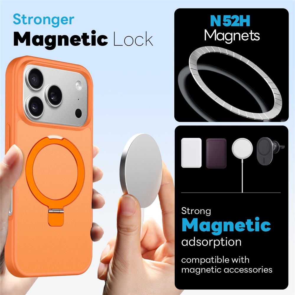 iPhone 18 Pro Max / iPhone 17 Pro Max hoesje magnetische ringstandaard, MagSafe-compatibel, mat transparant en schokbestendig – inclusief screenprotector – Mat Oranje