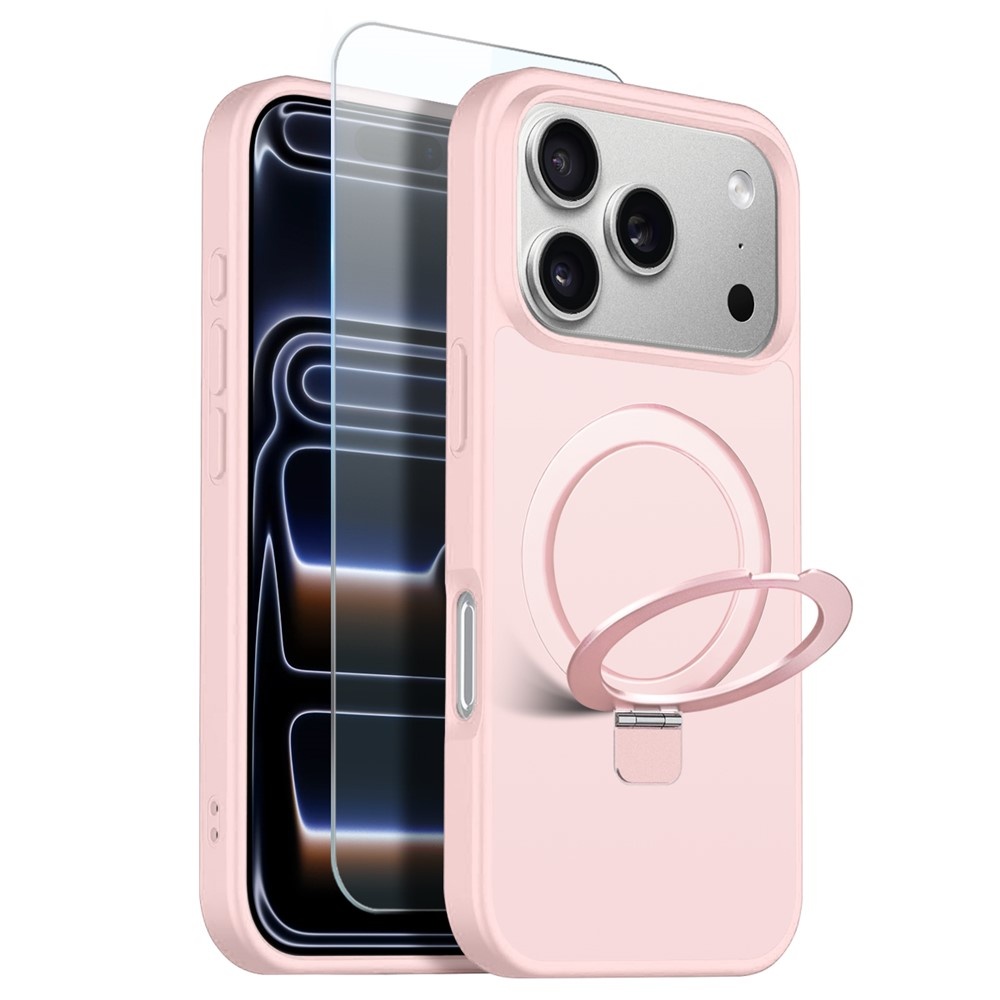 iPhone 18 Pro Max / iPhone 17 Pro Max hoesje magnetische ringstandaard, MagSafe-compatibel, mat transparant en schokbestendig – inclusief screenprotector – Mat Lichtroze