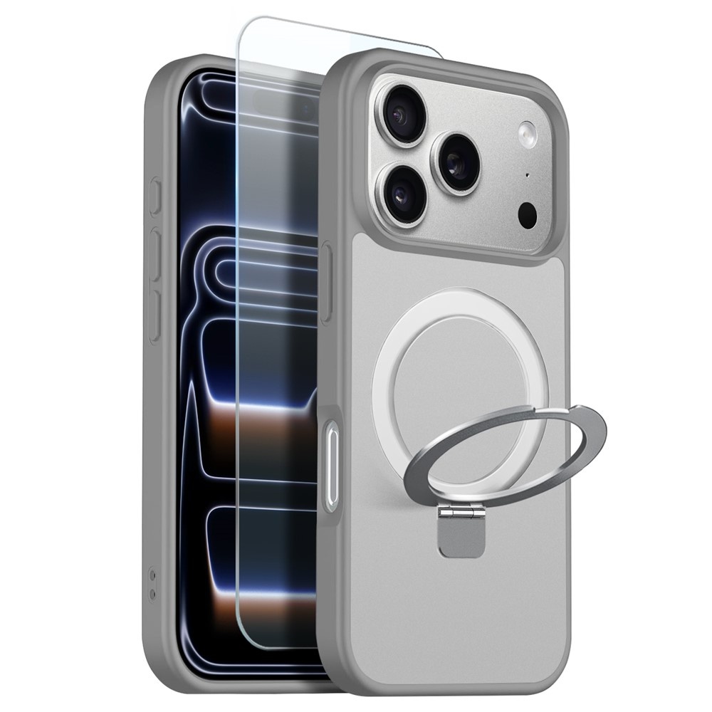 iPhone 18 Pro Max / iPhone 17 Pro Max hoesje magnetische ringstandaard, MagSafe-compatibel, mat transparant en schokbestendig – inclusief screenprotector – Mat Grijs