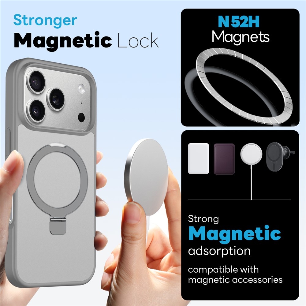 iPhone 18 Pro Max / iPhone 17 Pro Max hoesje magnetische ringstandaard, MagSafe-compatibel, mat transparant en schokbestendig – inclusief screenprotector – Mat Grijs