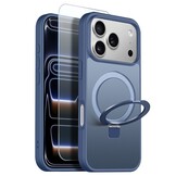 iPhone 18 Pro Max / iPhone 17 Pro Max hoesje magnetische ringstandaard, MagSafe-compatibel, mat transparant en schokbestendig – inclusief screenprotector – Mat Blauw