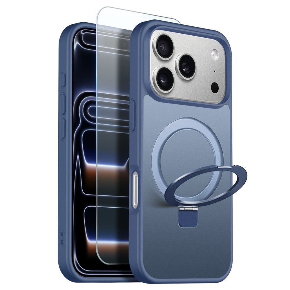 iPhone 18 Pro Max / iPhone 17 Pro Max hoesje magnetische ringstandaard, MagSafe-compatibel, mat transparant en schokbestendig – inclusief screenprotector – Mat Blauw