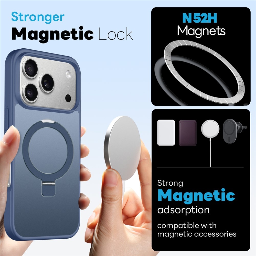 iPhone 18 Pro Max / iPhone 17 Pro Max hoesje magnetische ringstandaard, MagSafe-compatibel, mat transparant en schokbestendig – inclusief screenprotector – Mat Blauw