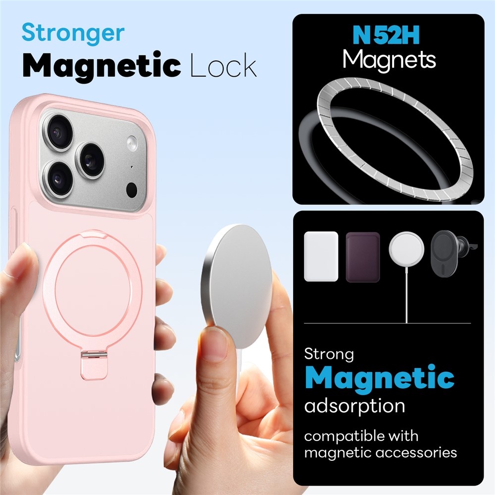 iPhone 18 Pro / iPhone 17 Pro hoesje magnetische ringstandaard, MagSafe-compatibel, mat transparant en schokbestendig – inclusief screenprotector – Mat Lichtroze