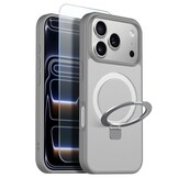 iPhone 18 Pro / iPhone 17 Pro hoesje magnetische ringstandaard, MagSafe-compatibel, mat transparant en schokbestendig – inclusief screenprotector – Mat Grijs