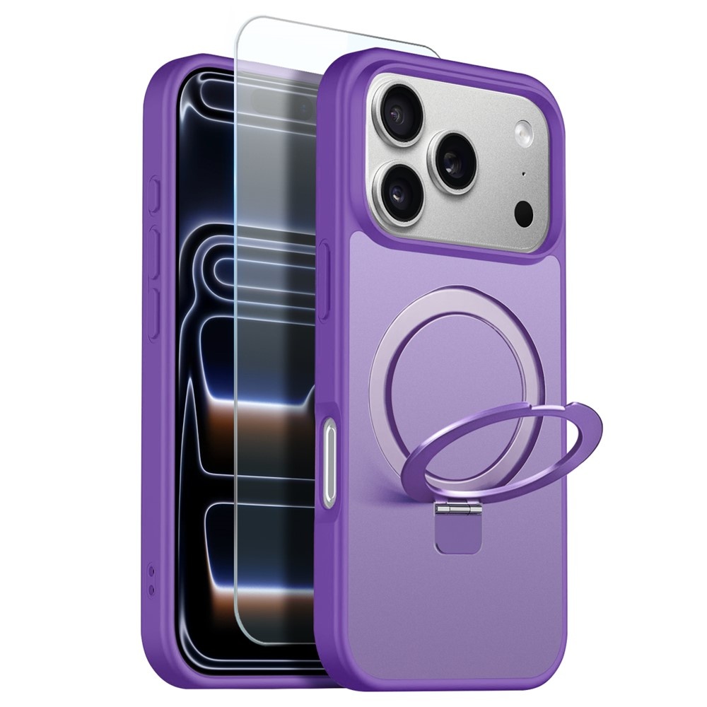 iPhone 18 Pro / iPhone 17 Pro hoesje magnetische ringstandaard, MagSafe-compatibel, mat transparant en schokbestendig – inclusief screenprotector – Mat Paars