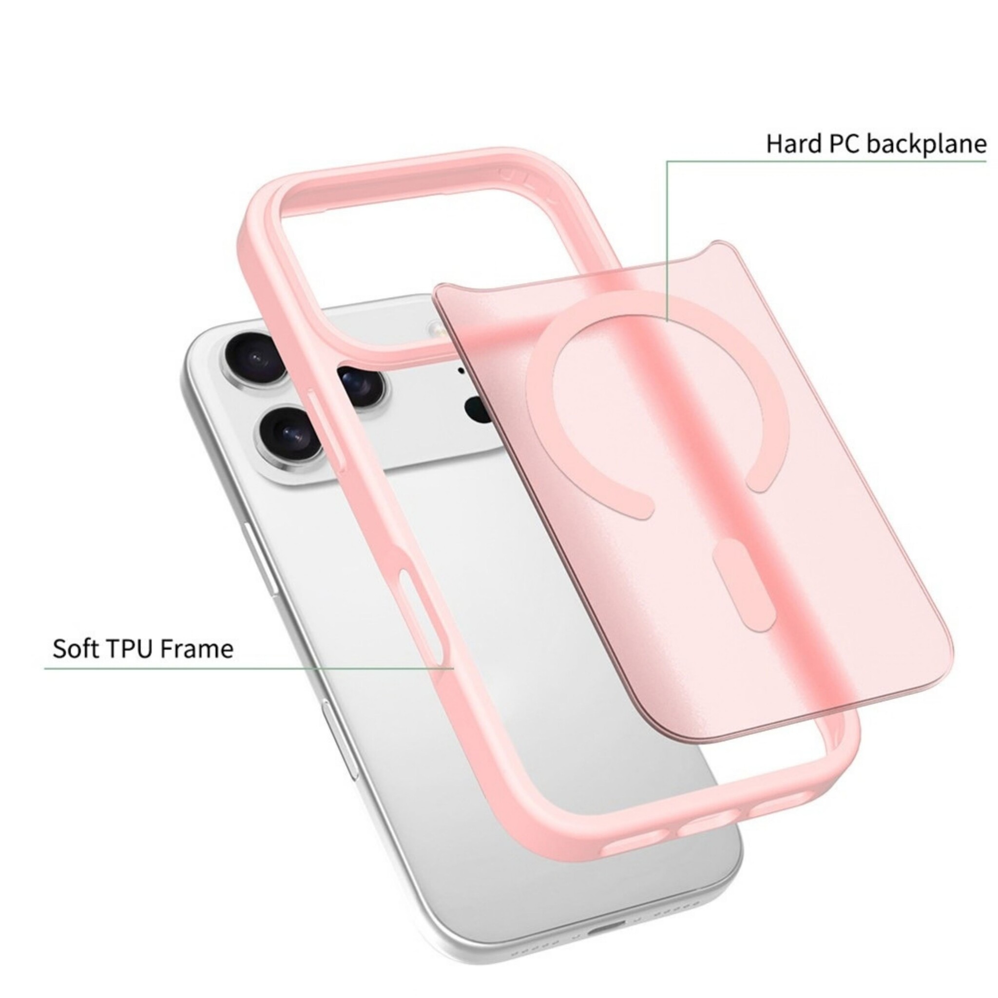 iPhone 18 Pro / iPhone 17 Pro backcover hoesje - Magnetic Case met MagSafe Ondersteuning - Schokbestendig PC + TPU - Camera Bescherming - Lichtroze