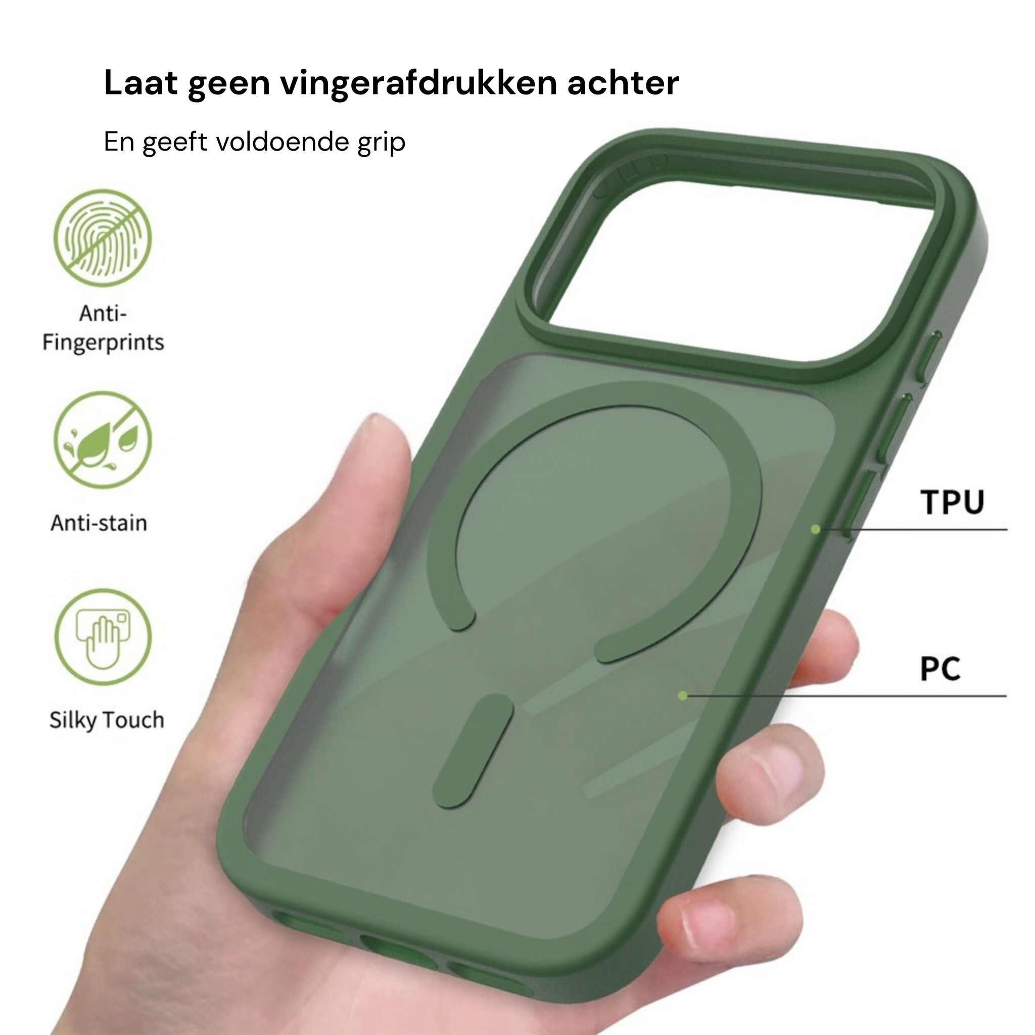 iPhone 18 Pro / iPhone 17 Pro backcover hoesje - Magnetic Case met MagSafe Ondersteuning - Schokbestendig PC + TPU - Camera Bescherming - Army Groen