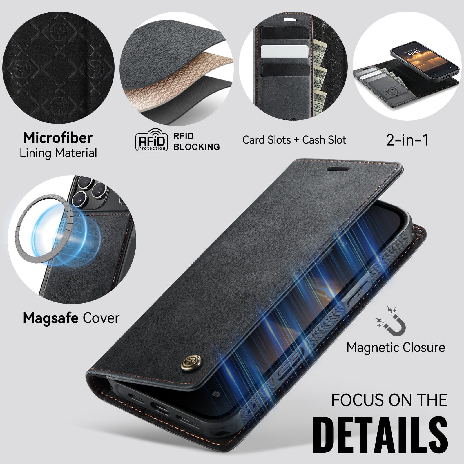 iPhone 18 Pro / 17 Pro hoesje met MagSafe en afneembare leren bookcase – Zwart