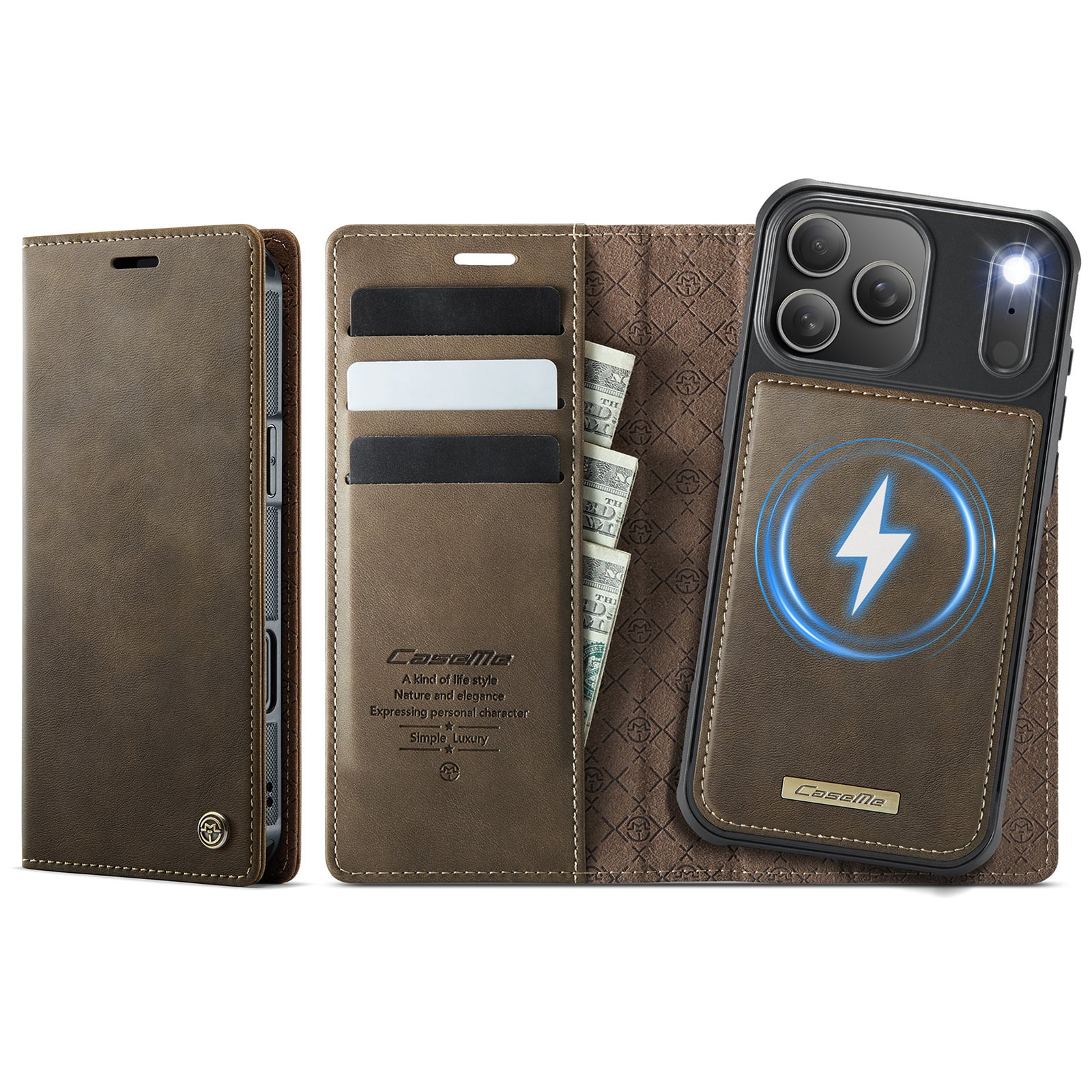 iPhone 18 Pro / 17 Pro hoesje met MagSafe en afneembare leren bookcase – Coffee