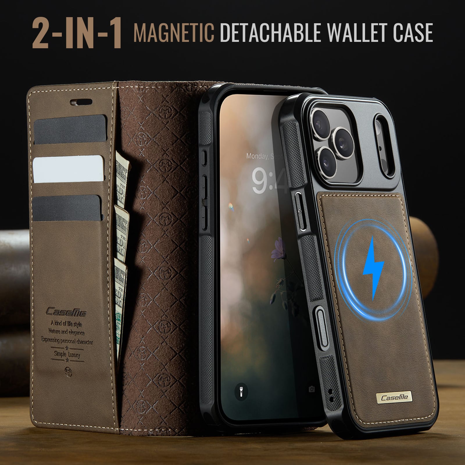 iPhone 18 Pro / 17 Pro hoesje met MagSafe en afneembare leren bookcase – Coffee