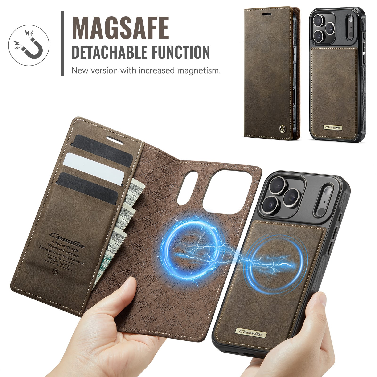 iPhone 18 Pro / 17 Pro hoesje met MagSafe en afneembare leren bookcase – Coffee