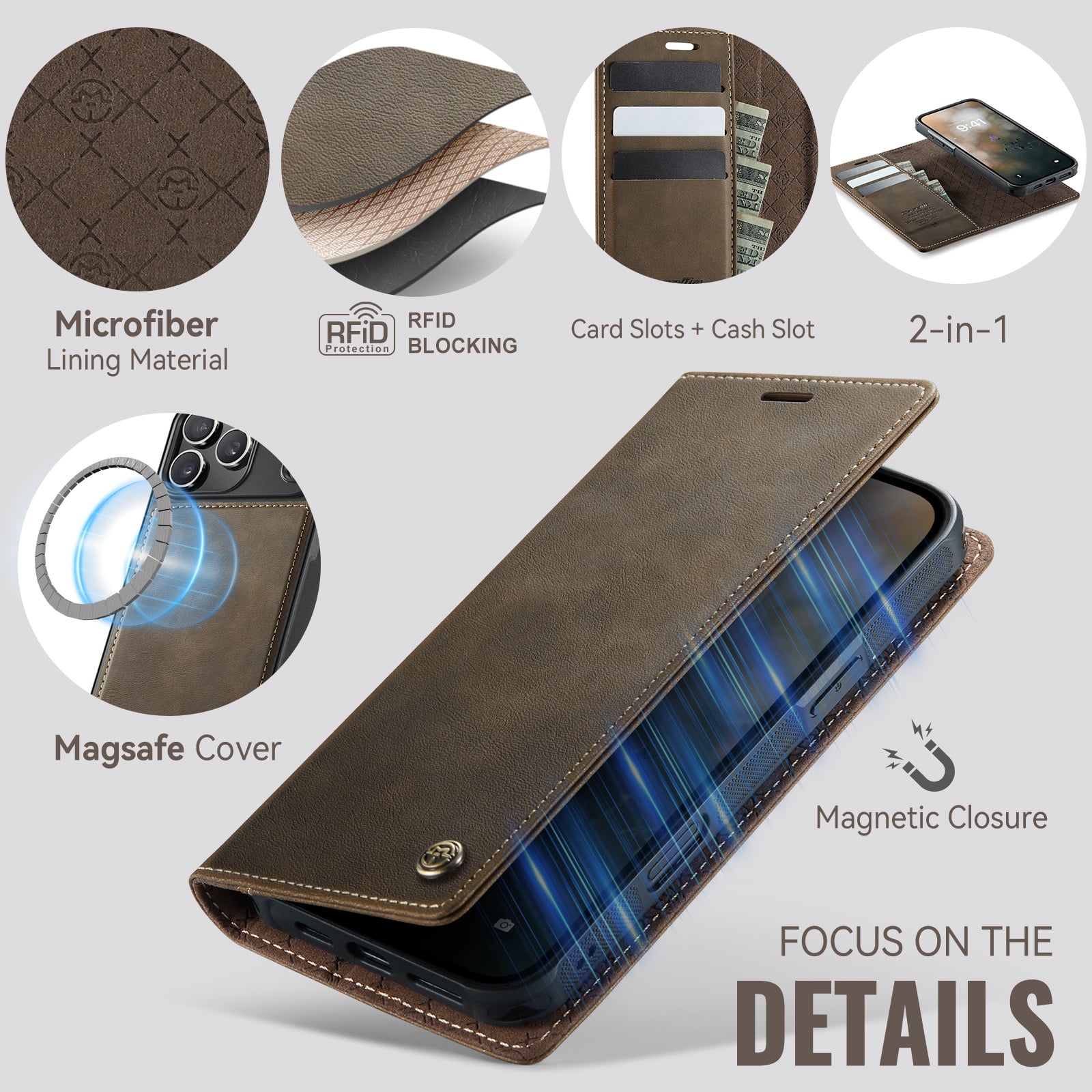 iPhone 18 Pro / 17 Pro hoesje met MagSafe en afneembare leren bookcase – Coffee