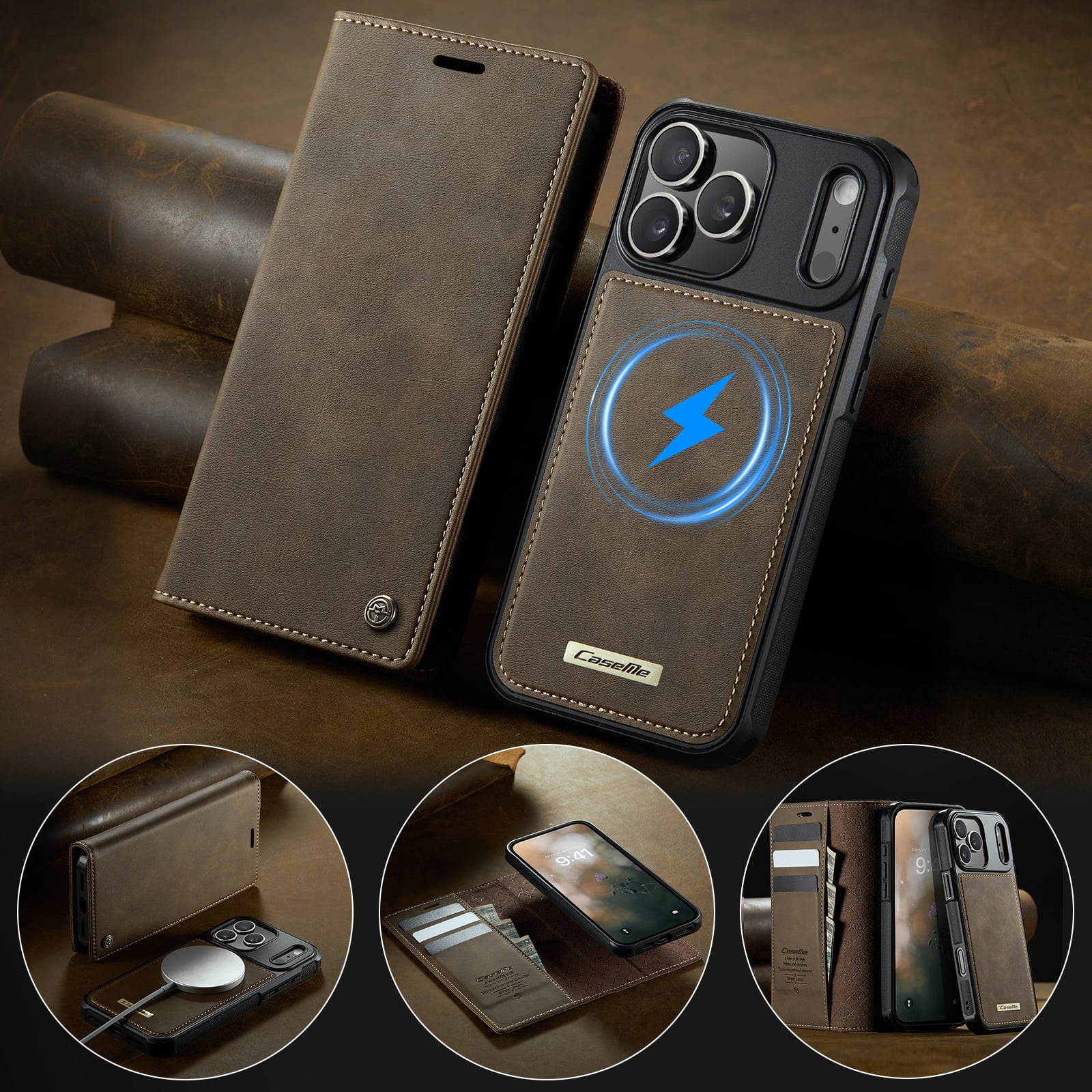 iPhone 18 Pro / 17 Pro hoesje met MagSafe en afneembare leren bookcase – Coffee