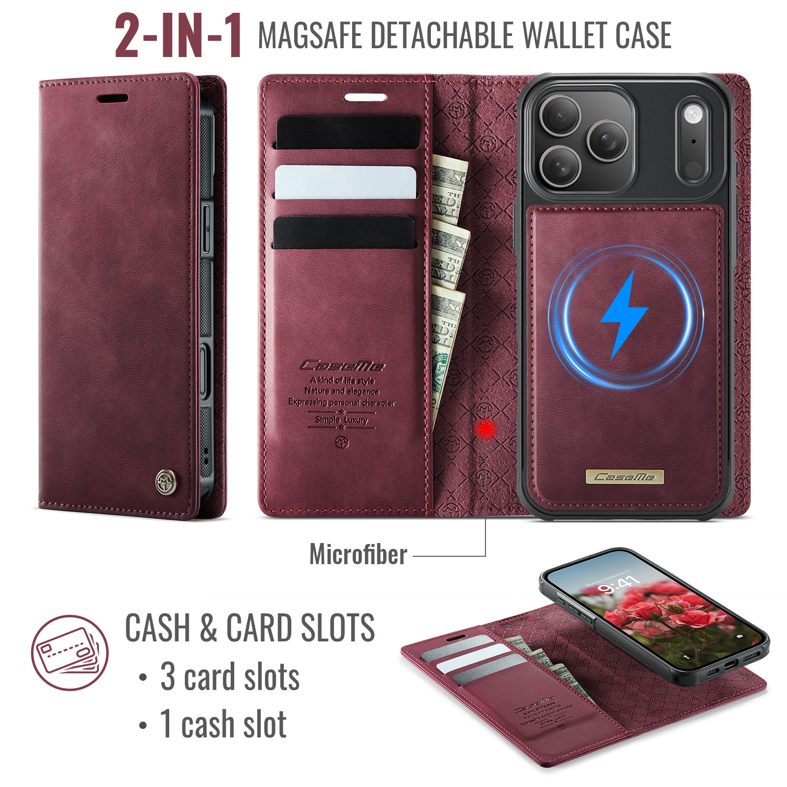 iPhone 18 Pro / 17 Pro hoesje met MagSafe en afneembare leren bookcase – Rood
