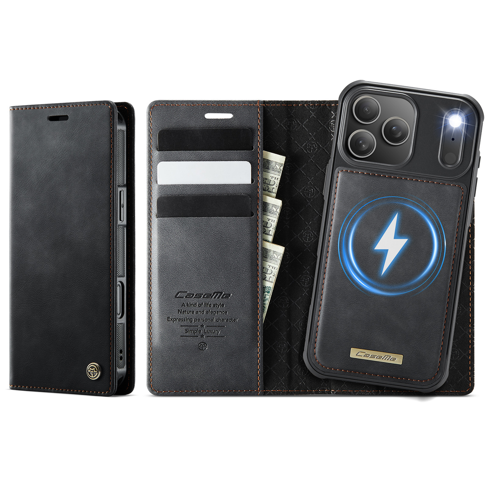 iPhone 18 Pro Max / 17 Pro Max hoesje met MagSafe en afneembare leren bookcase – Zwart