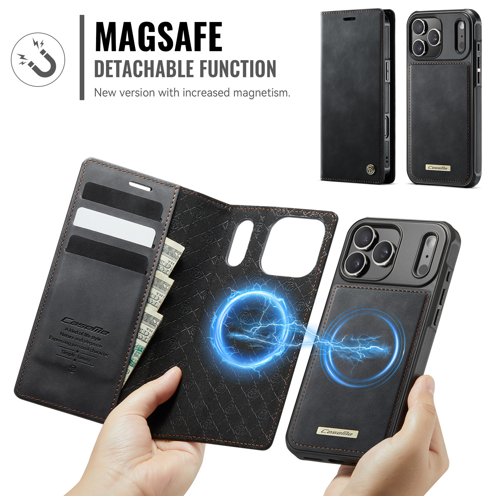 iPhone 18 Pro Max / 17 Pro Max hoesje met MagSafe en afneembare leren bookcase – Zwart