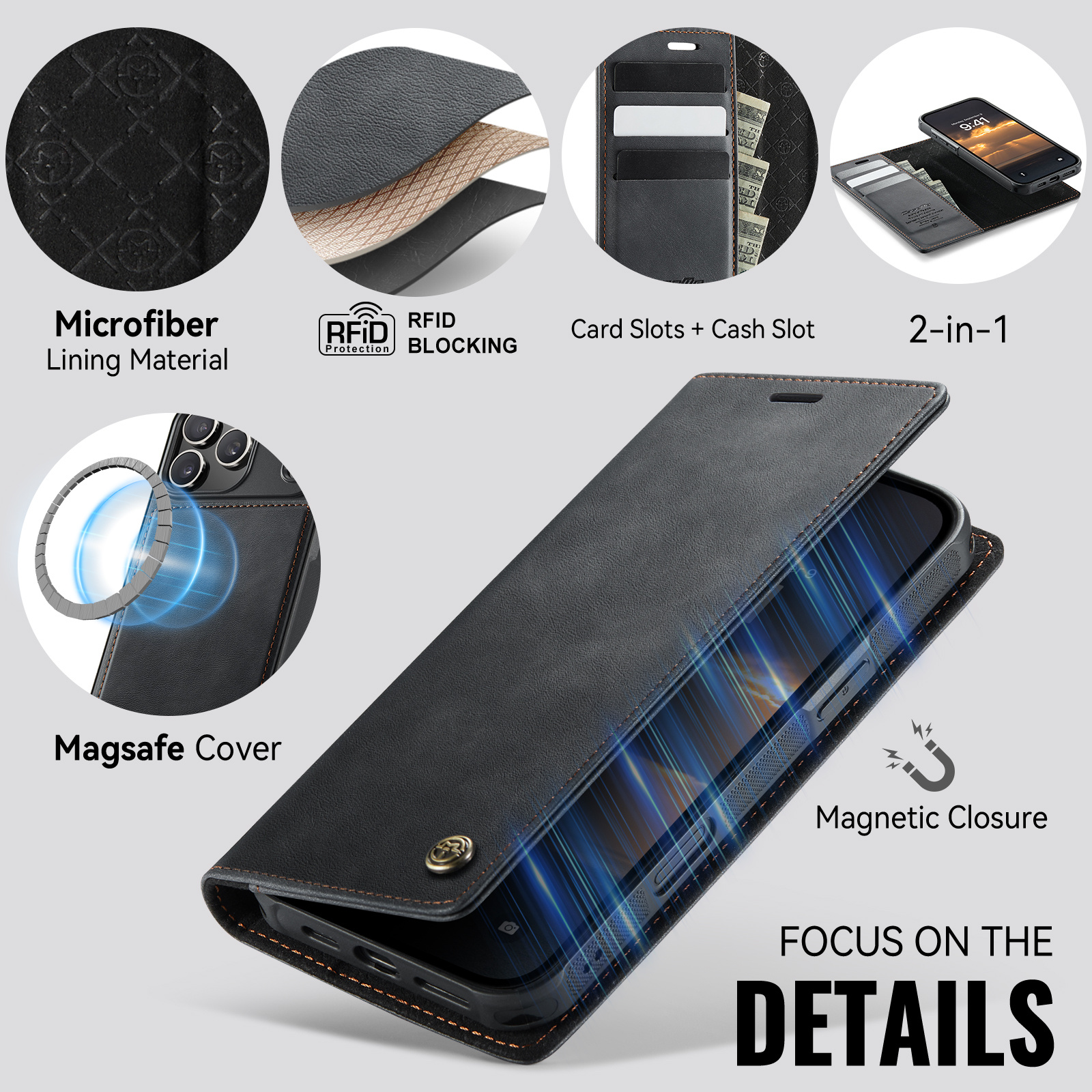 iPhone 18 Pro Max / 17 Pro Max hoesje met MagSafe en afneembare leren bookcase – Zwart