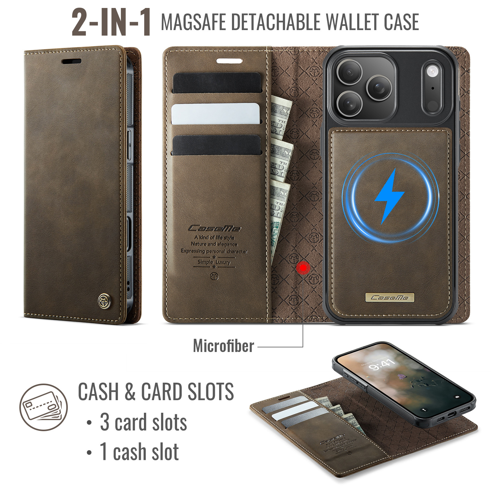iPhone 18 Pro Max / 17 Pro Max hoesje met MagSafe en afneembare leren bookcase – Coffee