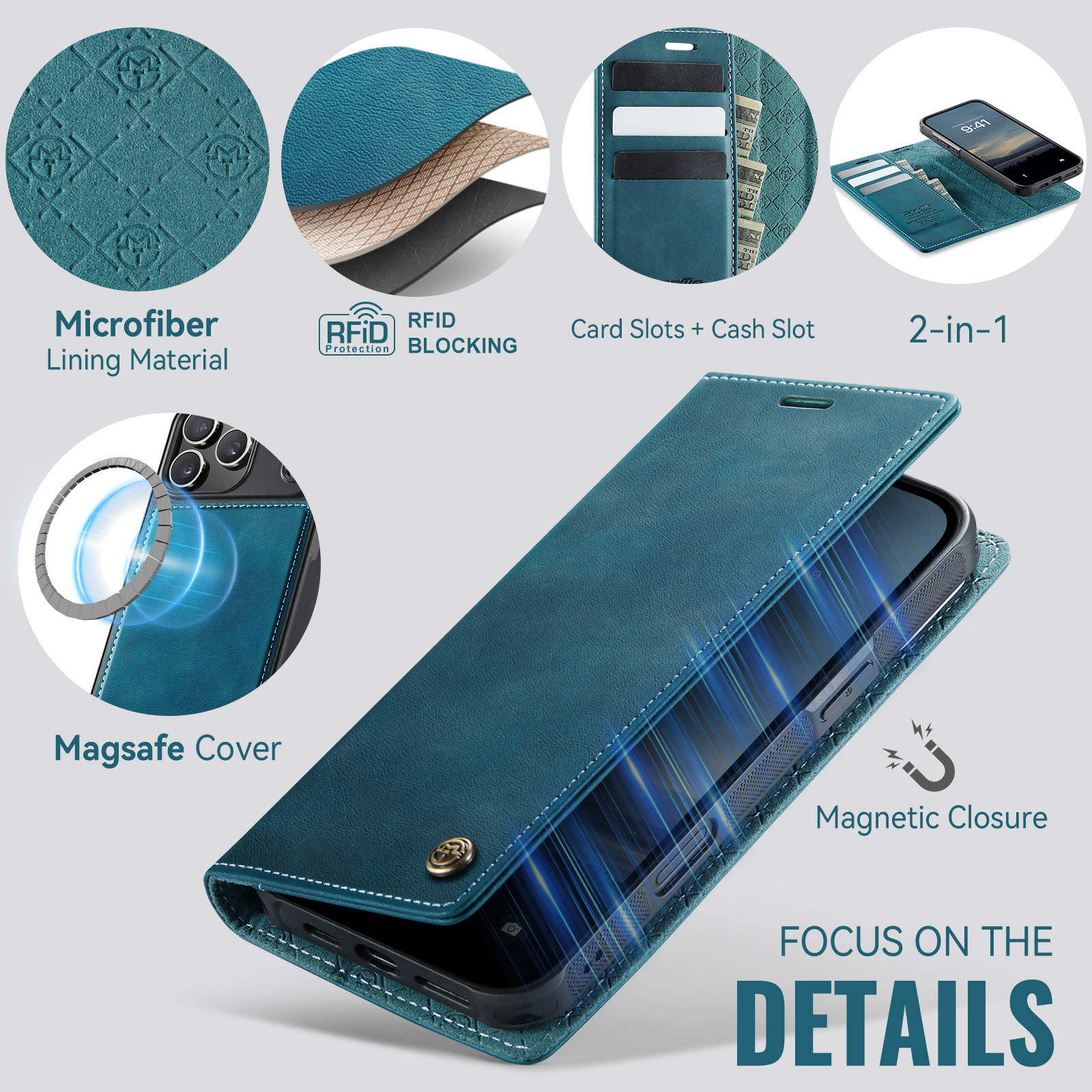 iPhone 18 Pro Max / 17 Pro Max hoesje met MagSafe en afneembare leren bookcase – Petrol