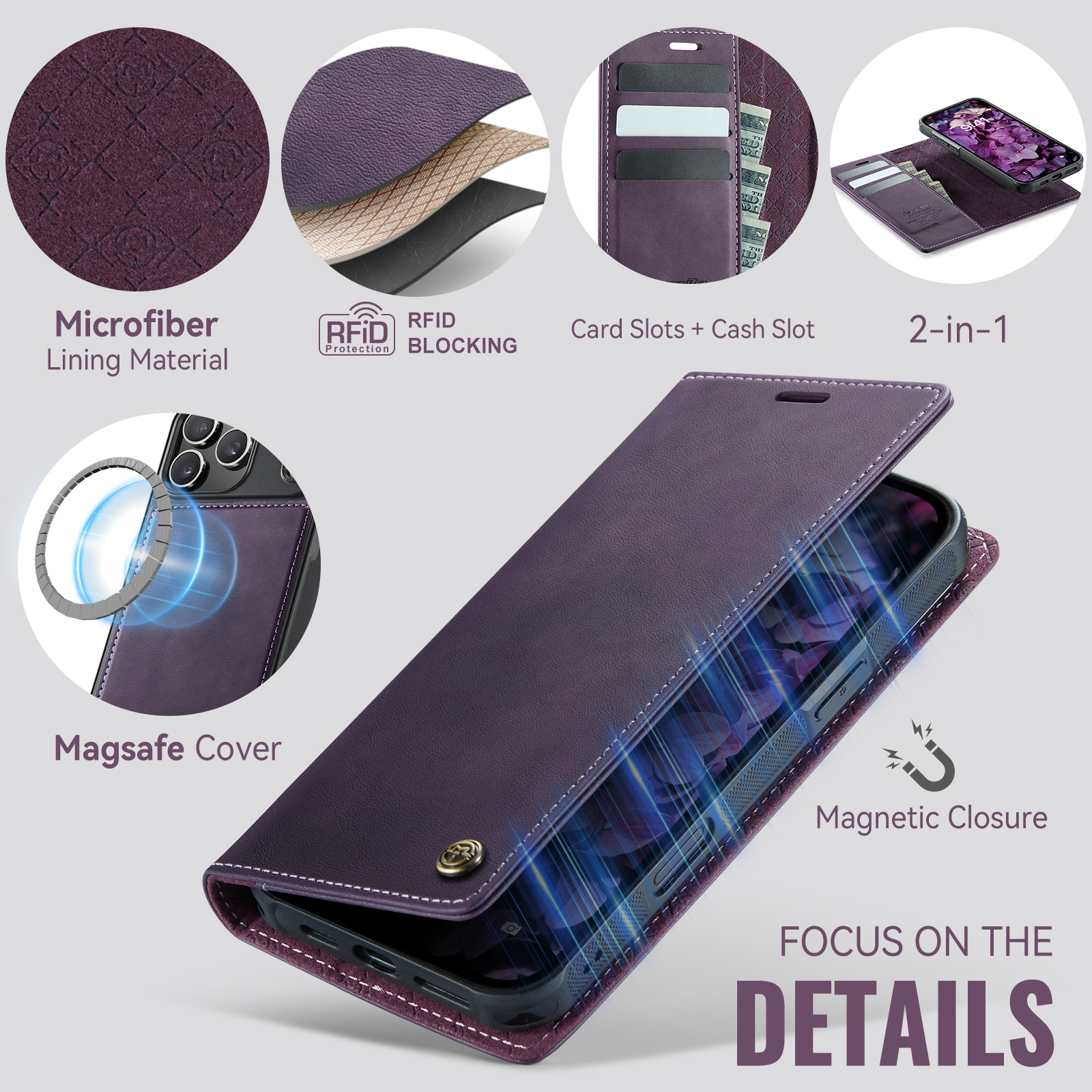 iPhone 18 Pro Max / 17 Pro Max hoesje met MagSafe en afneembare leren bookcase – Paars