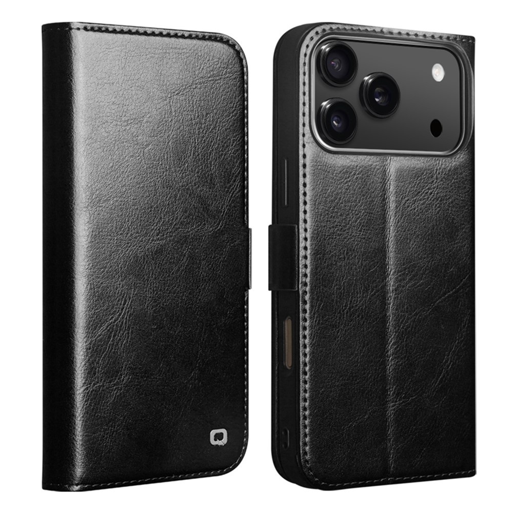 iPhone 18 Pro / iPhone 17 Pro luxe echt leren bookcase hoesje - Magnetische sluiting - Zwart