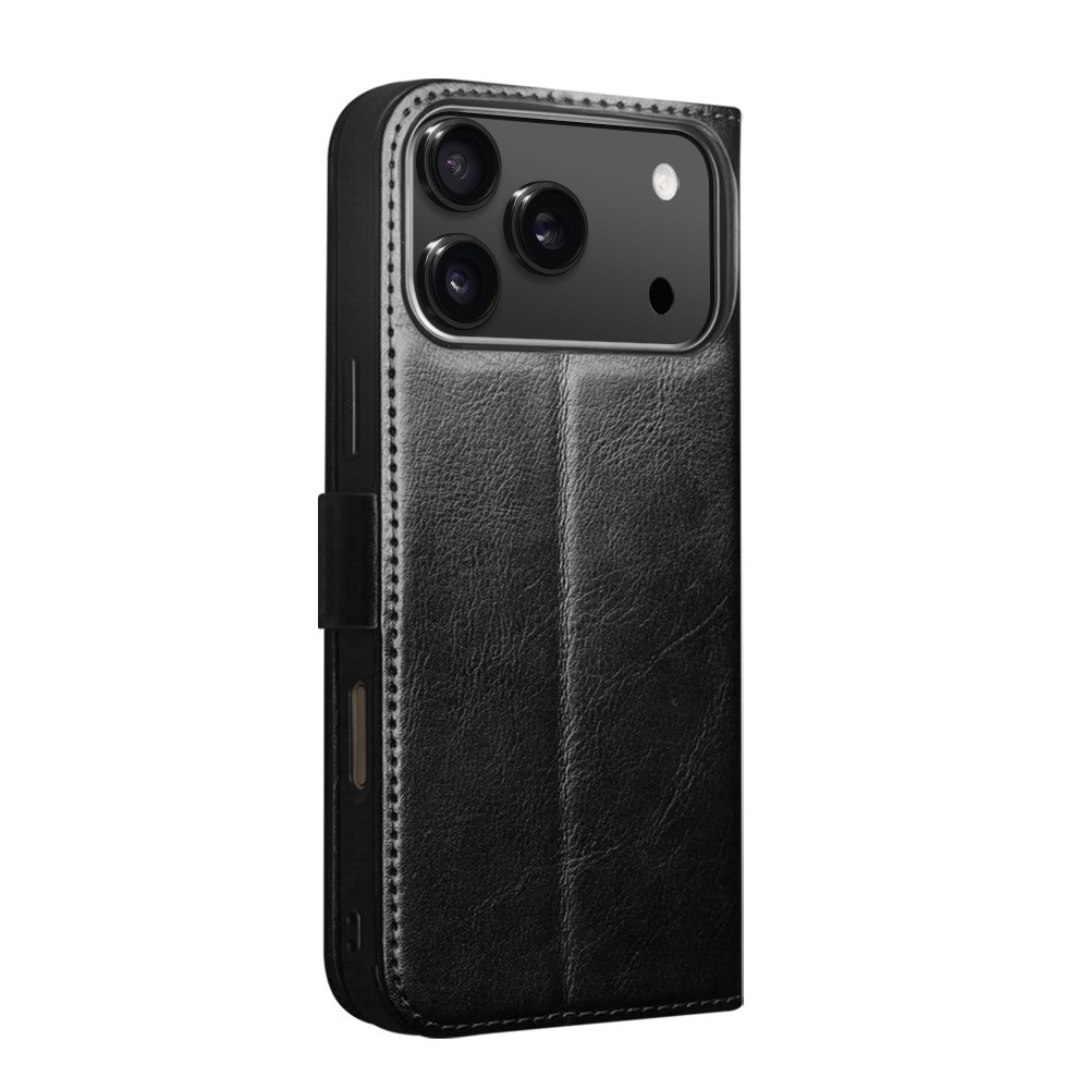 iPhone 18 Pro / iPhone 17 Pro luxe echt leren bookcase hoesje - Magnetische sluiting - Zwart