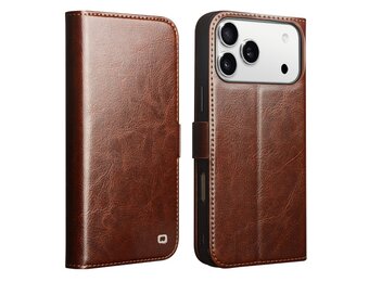 Qialino iPhone 18 Pro / iPhone 17 Pro hoesje - Leren bookcase - Magnetische sluiting - Donkerbruin