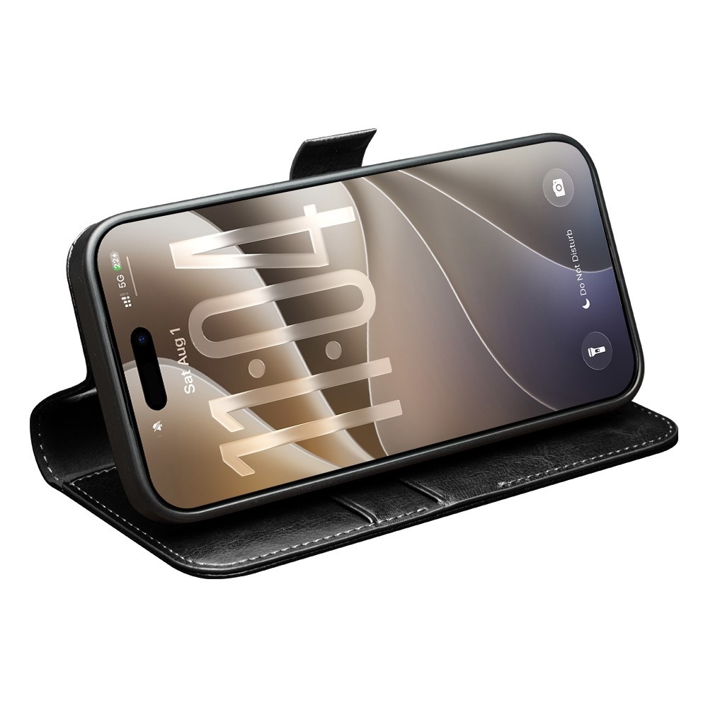 iPhone 18 Pro Max / iPhone 17 Pro Max luxe echt leren bookcase hoesje - Magnetische sluiting - Zwart