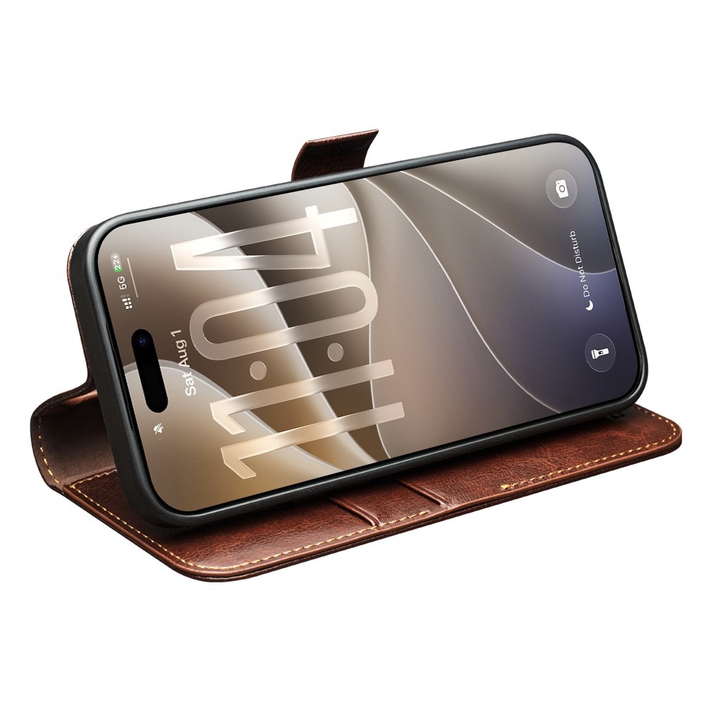 iPhone 18 Pro Max / iPhone 17 Pro Max luxe echt leren bookcase hoesje - Magnetische sluiting - Donkerbruin