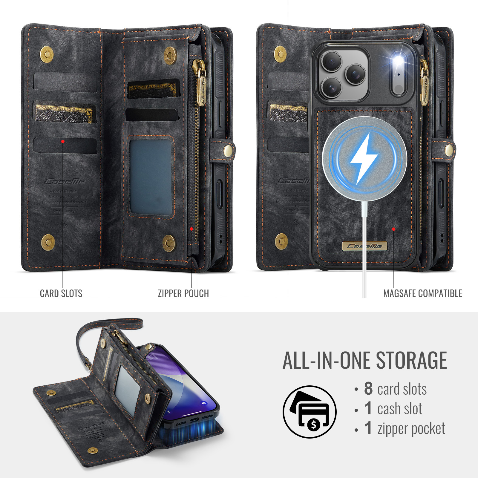 iPhone 18 Pro Max / iPhone 17 Pro Max afneembare 2 in 1 portemonnee hoes & backcover - Zwart