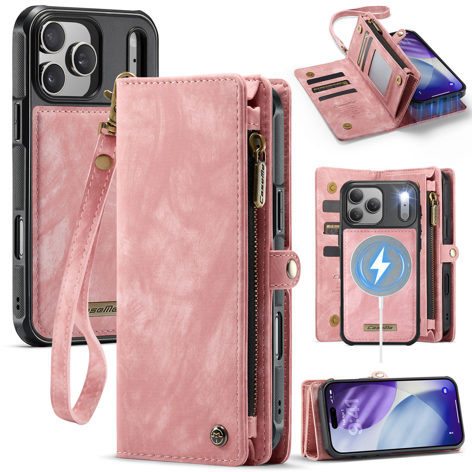 iPhone 18 Pro Max / iPhone 17 Pro Max afneembare 2 in 1 portemonnee hoes & backcover - Lichtroze