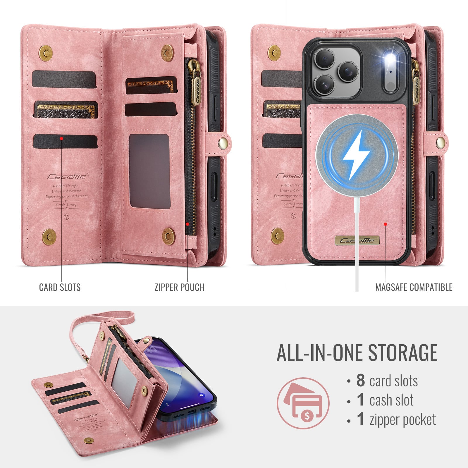 iPhone 18 Pro Max / iPhone 17 Pro Max afneembare 2 in 1 portemonnee hoes & backcover - Lichtroze