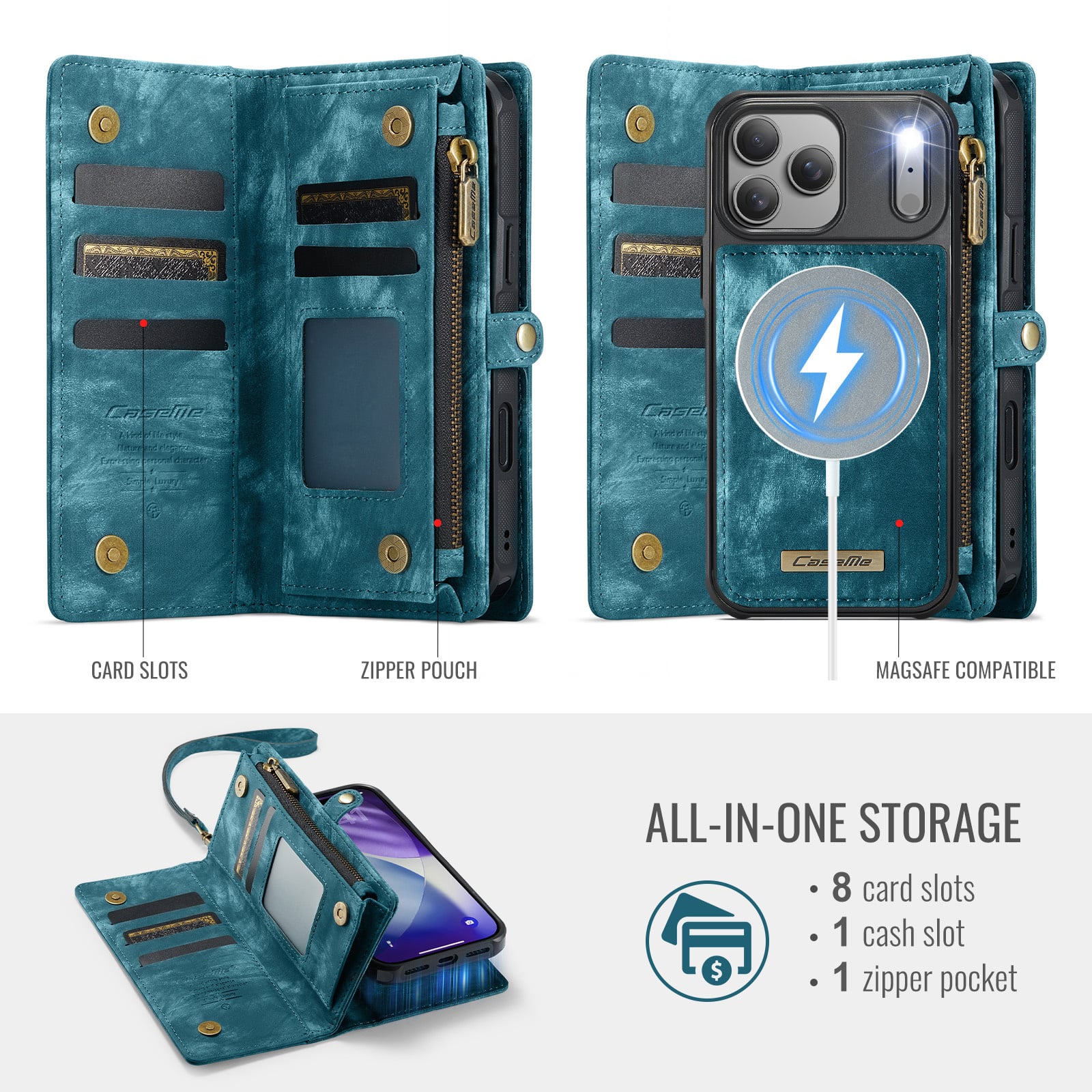 iPhone 18 Pro Max / iPhone 17 Pro Max afneembare 2 in 1 portemonnee hoes & backcover - Petrol